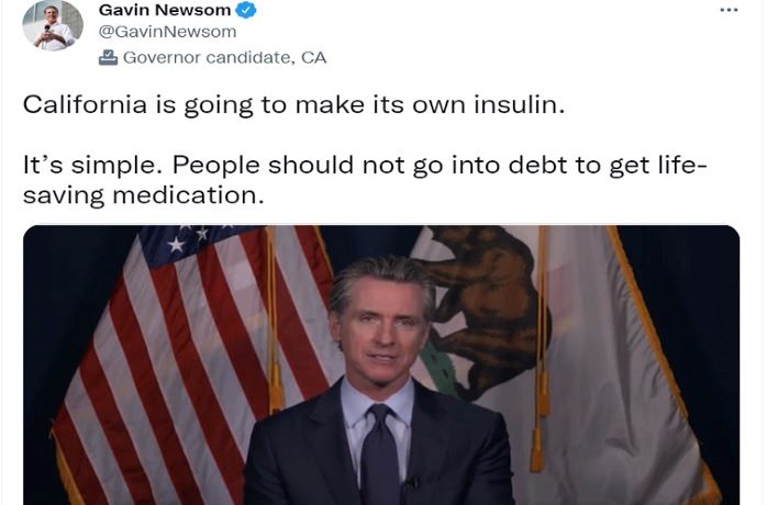紐森宣布加州將生產自己的胰島素