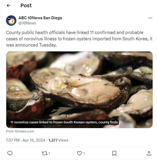聖地牙哥郡發現 11 例諾羅病毒病例 與韓國進口凍牡蠣有關